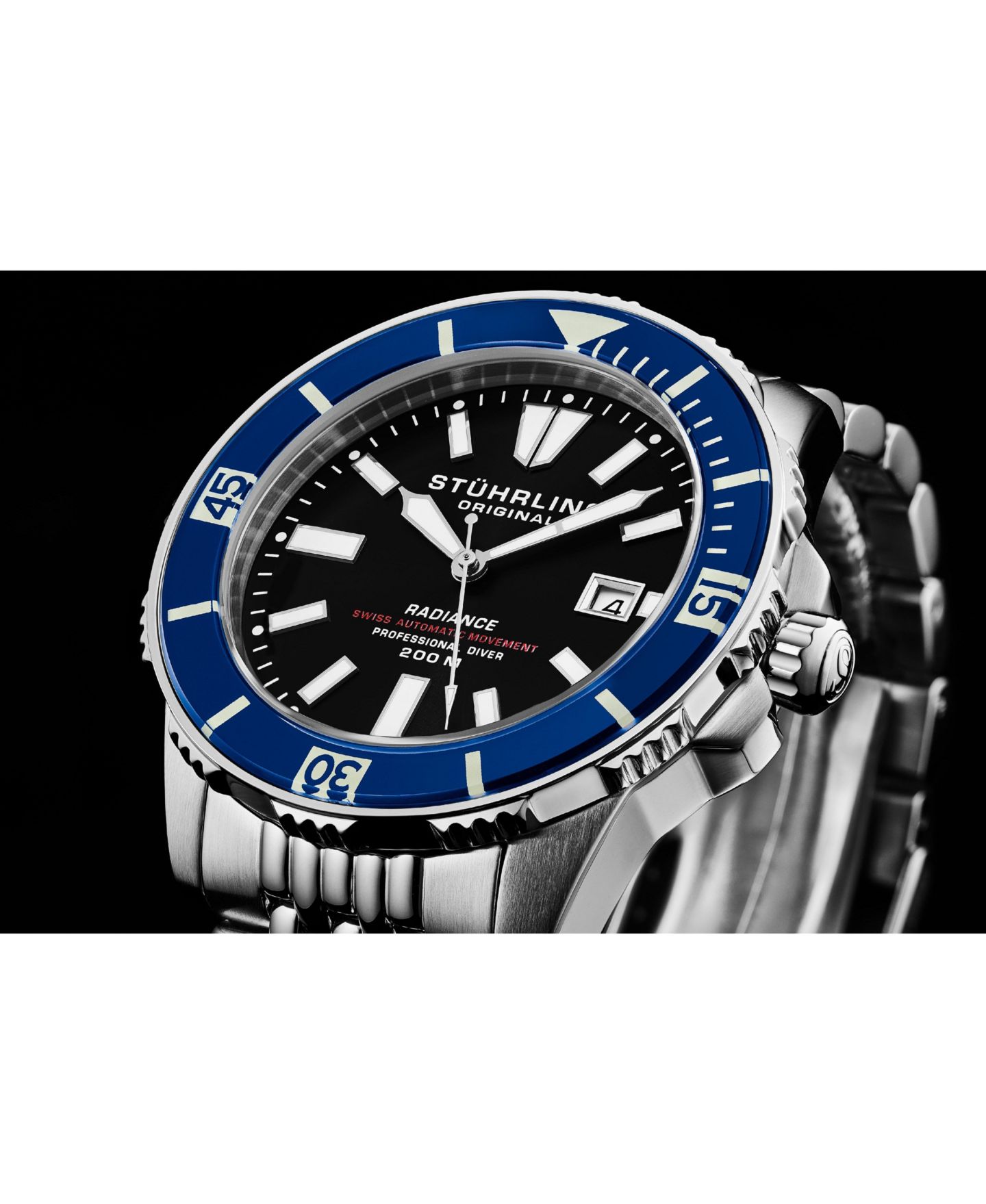 Мужские часы Stuhrling Men s Radiance Heritage 1006 43mm Swiss Automatic Diver Watch, Super-LumiNova Dial, Oyster-Style Bracelet, 200M WR, цвет: Серебряный — фото 5