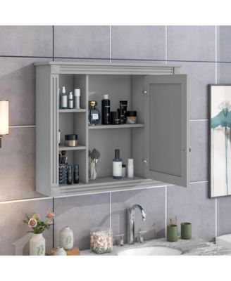 35" x 28" Mirror Cabinet with 6 Open Shelves, Wall Mounted Bathroom Medicine Cabinet (No Vanity)