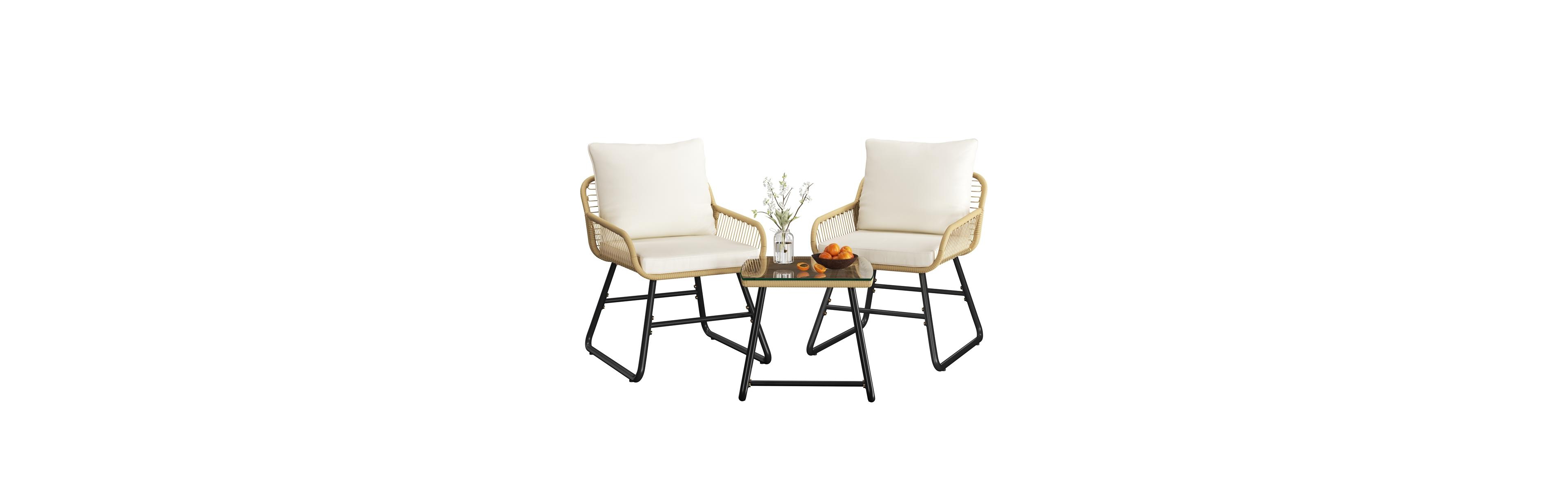 Yaheetech 3-Piece Outdoor Wicker Rattan Boho Coffee Table & 2 Chairs, Tan/Cream
