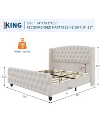 51&amp;quot; Tall King Size Velvet Upholstered Platform Bed Frame with Deep Button Tufted Wingback Headboard &amp; Footboard, Cream, No Box Spring, Easy Assembly