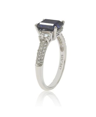 Suzy Levian Sterling Silver Sapphire & Created White Sapphire Emerald Cut Proposal Ring