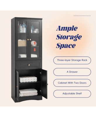 Tall Bathroom Storage Cabinet, Four Doors, Drawers, Adjustable Shelf