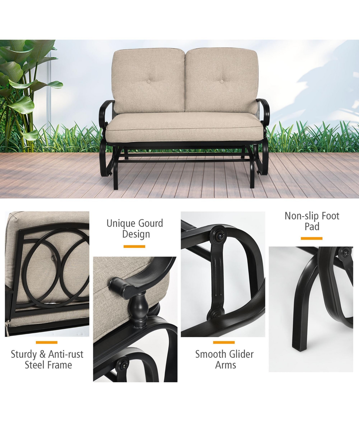 Costway 2-Person Outdoor Swing Glider Chair Bench Loveseat Cushioned Sofa