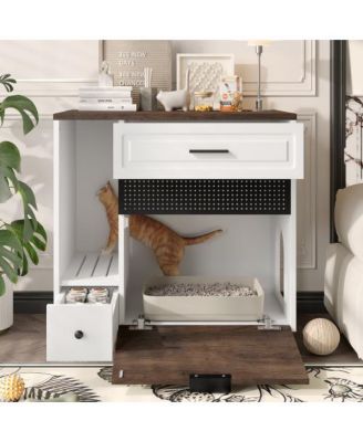 Cat Litter Box Cabinet with Two Drawers White Brown