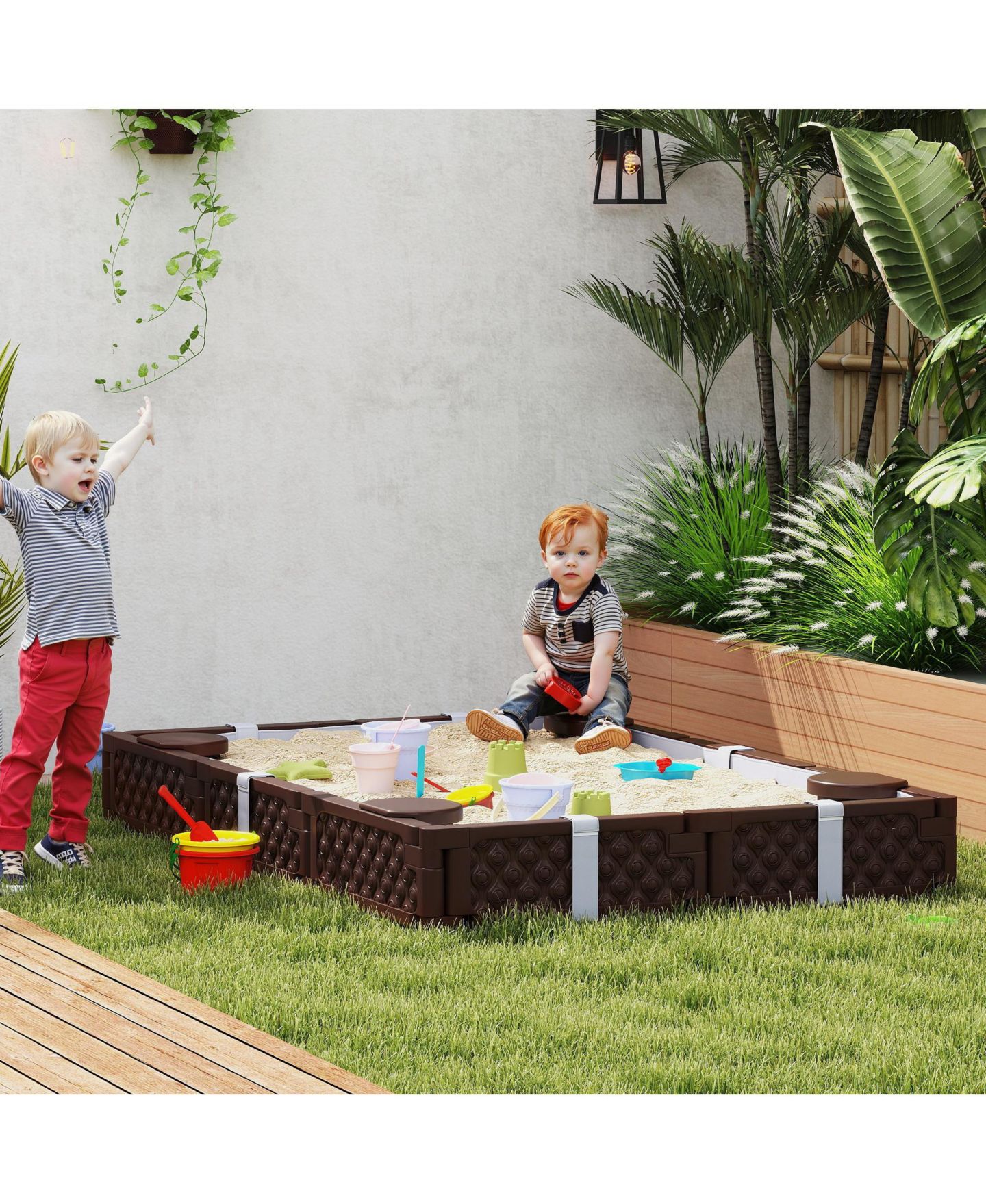 Детская игрушка Qaba 4-Seat Sandbox with Cover, Holds 1320 Lbs. of Sand, Ages 3-7, цвет: Коричневый — фото 3