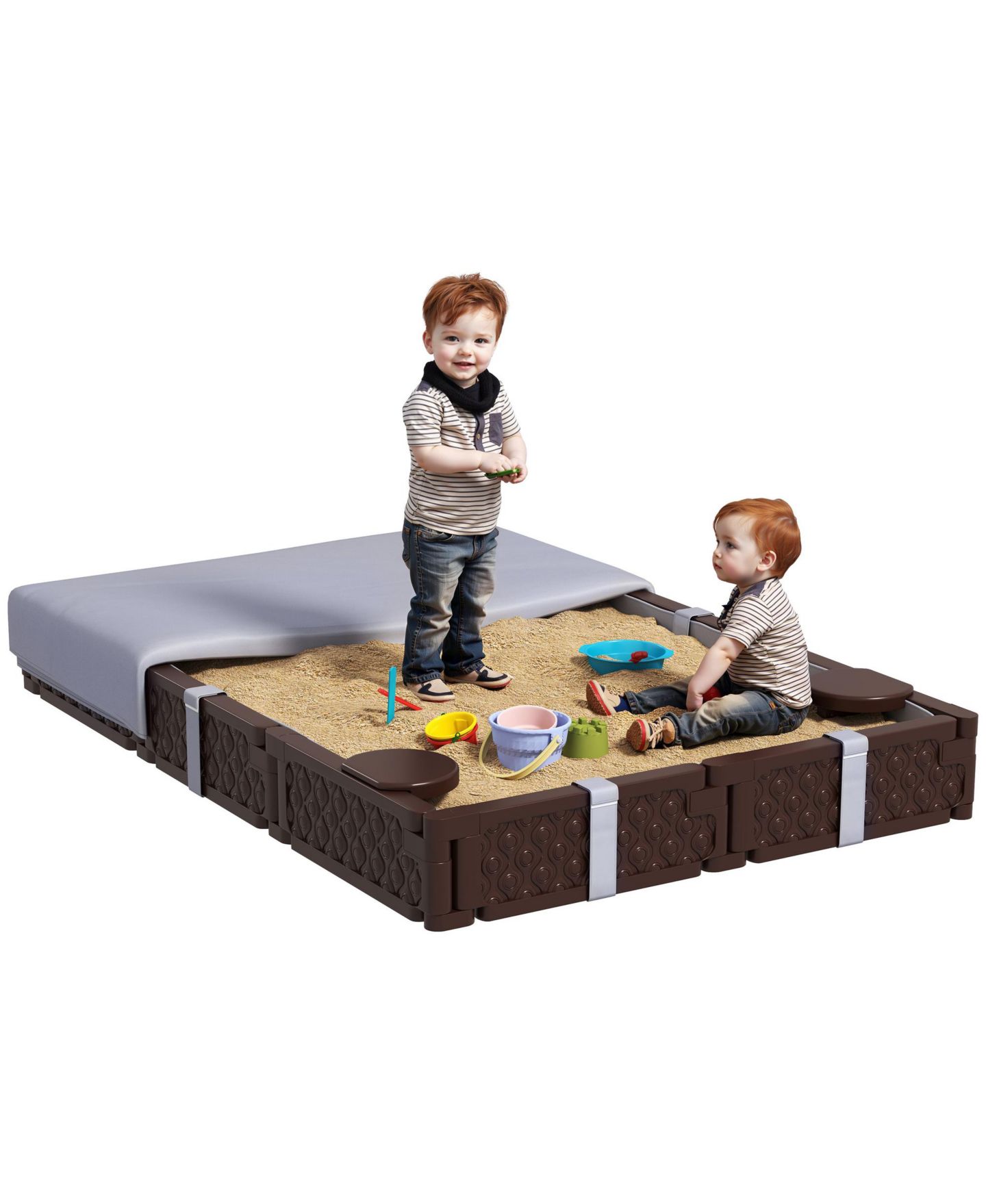 Детская игрушка Qaba 4-Seat Sandbox with Cover, Holds 1320 Lbs. of Sand, Ages 3-7, цвет: Коричневый — фото 1