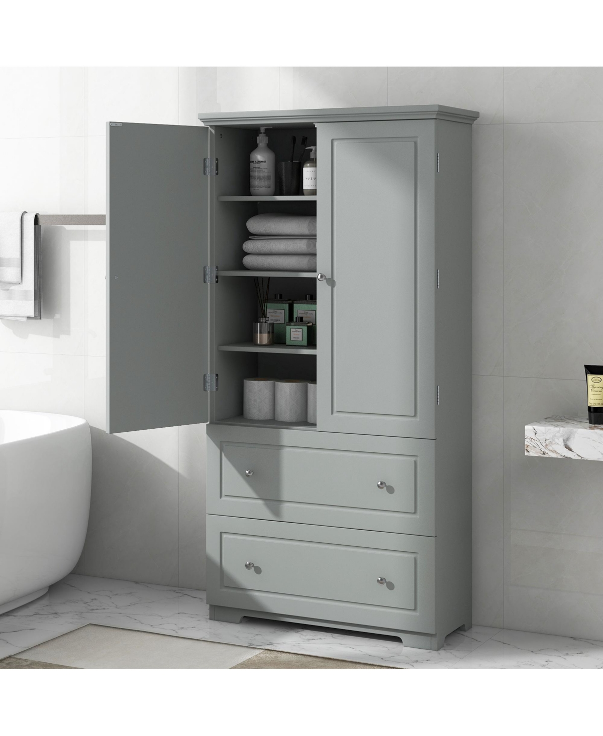 Wide Bathroom Storage Cabinet, Freestanding Unit with Two Drawers and Adjustable Shelf - Grey