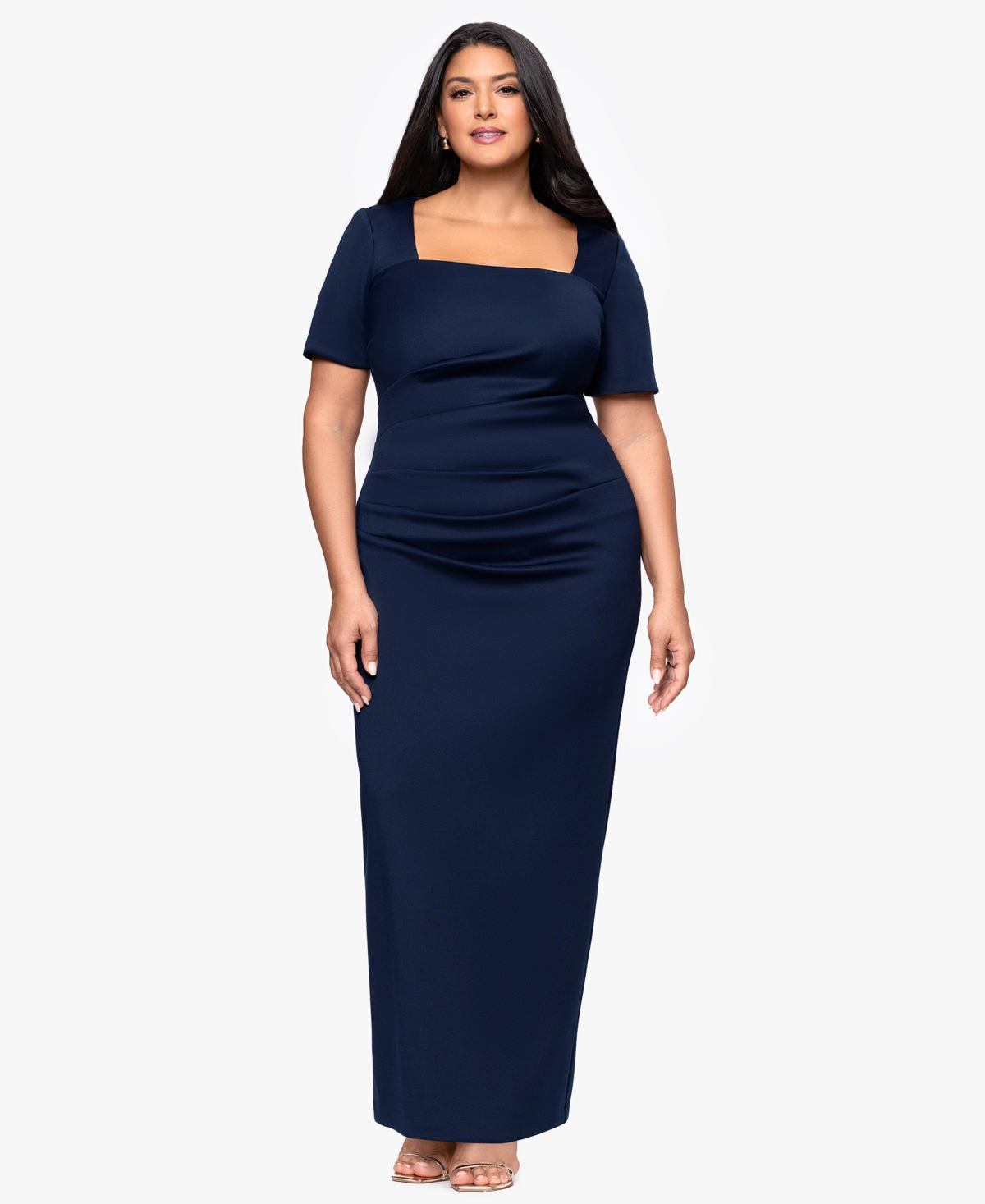Betsy & Adam Plus Size Long Tech Scuba Open Back Dress In Blue