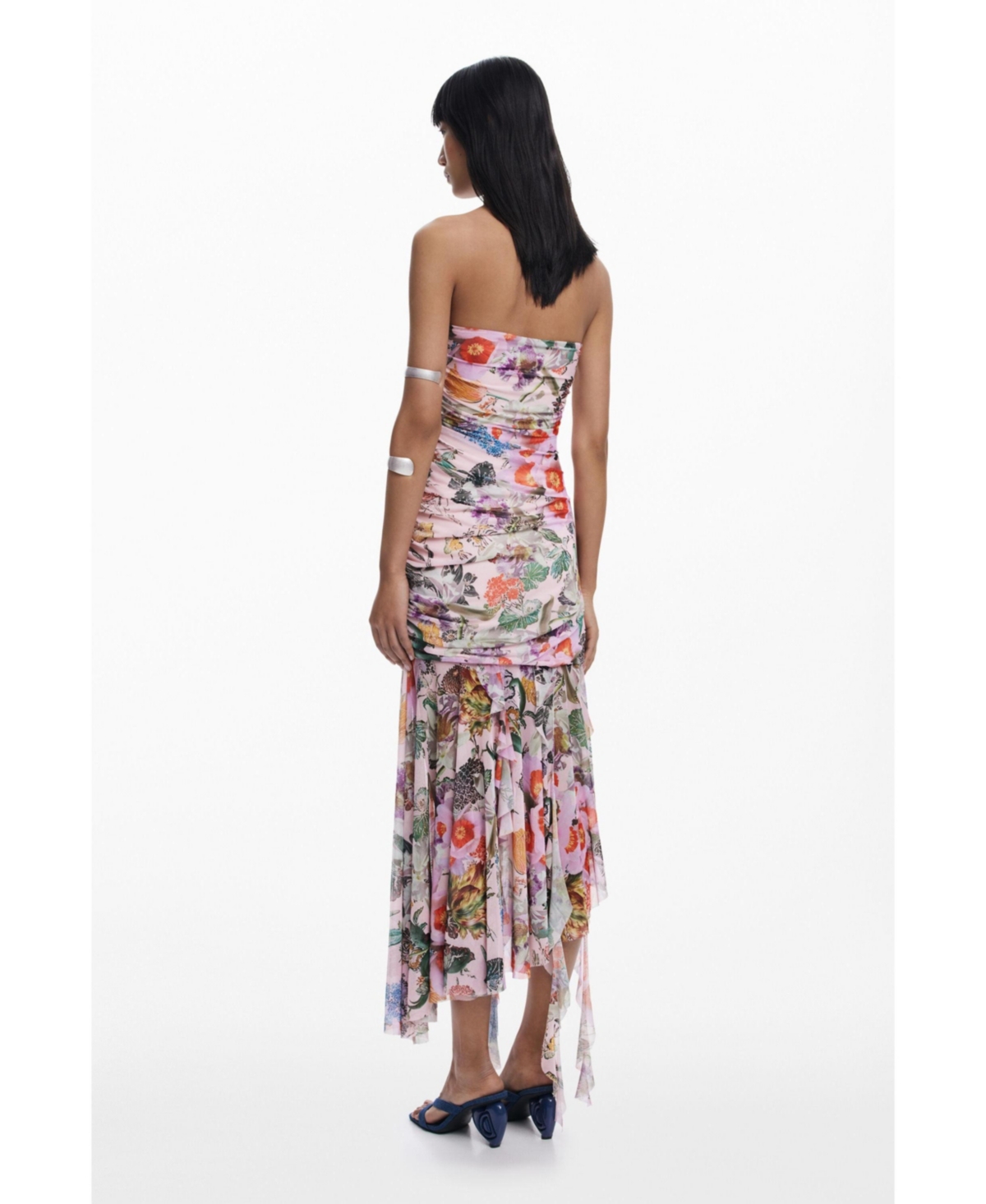 Desigual Ruched Ruffle Hem Asymmetric Maxi Dress In Pink