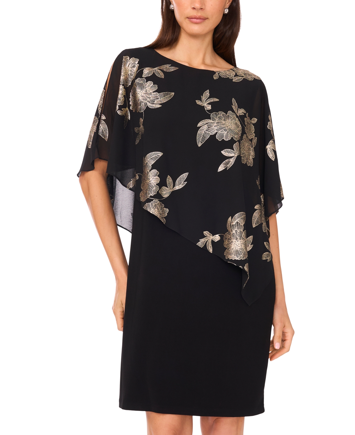 Msk Petite Cape Round Neck Midi Dress In Black