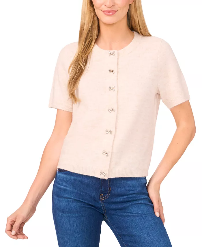Women's Short Sleeve Bow Button Cardigan Sweater - thumbnail 4