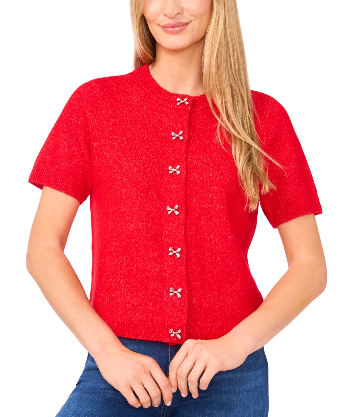 Cece Women's Short Sleeve Bow Button Cardigan Sweater In Multi