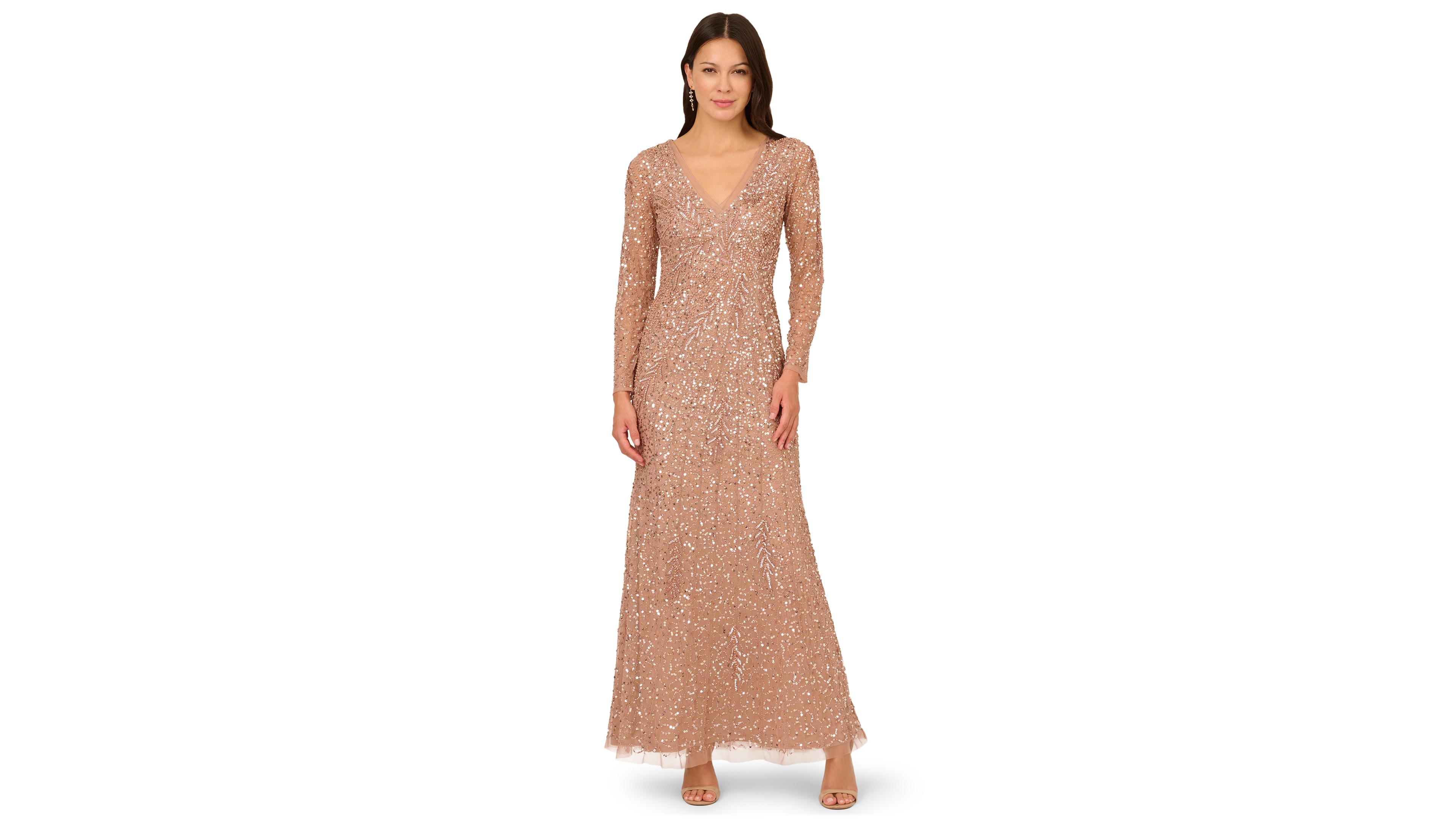 Adrianna Papell Women's Long-Sleeve Beaded Full-Length Gown