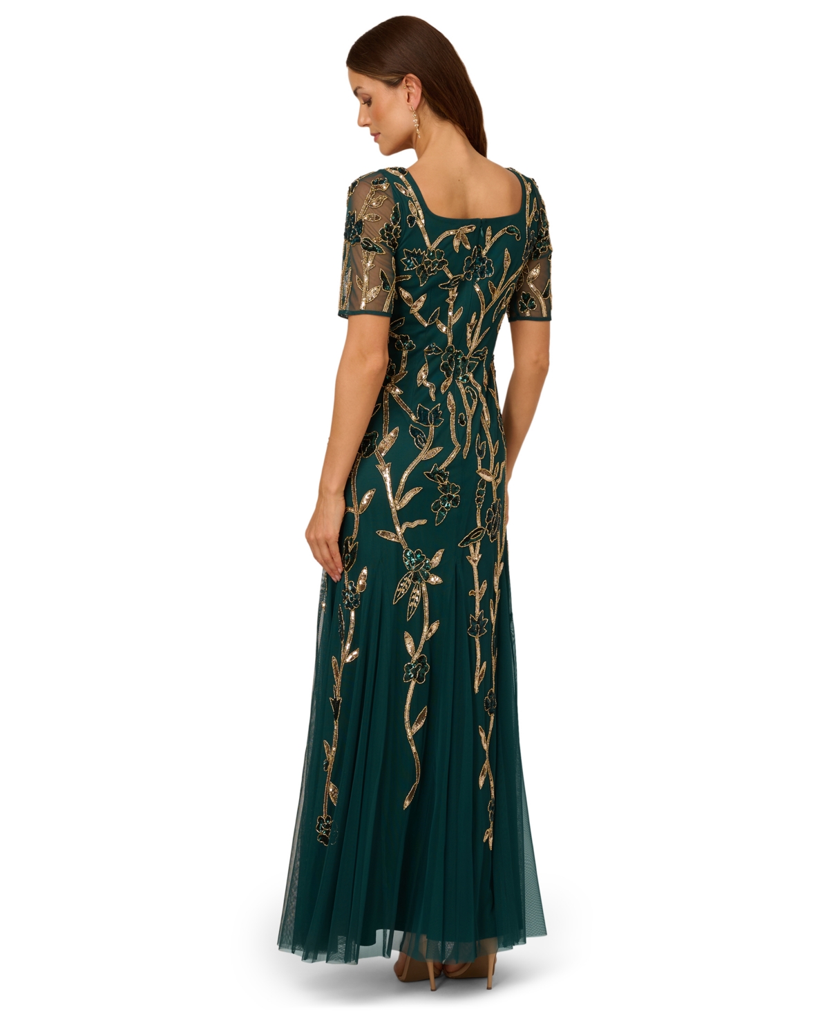 Adrianna Papell Women's Square-neck Beaded Mesh Gown In Green