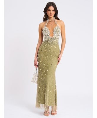 Women's Ginny Pear Green Pearl Embellished Backless Gown