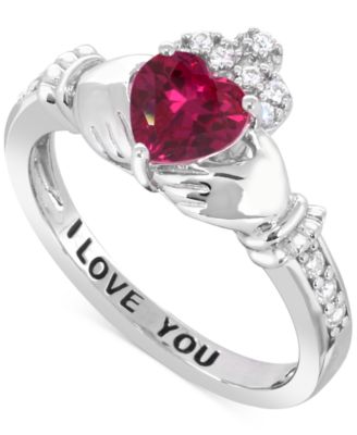 Lab-created Emerald 3/4 ct. t.w. and Lab-created White Sapphire 1/3 ct. t.w. "I LOVE YOU" Inscription Heart Promise Ring in Sterling Silver