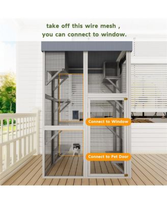 70.5 in. H Outdoor Wooden Cat Enclosure with 6 Jumping Platforms 2 Napping Houses Movable tarp cover in Gray