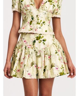 Women Zanelle Green Floral Print Drop Waist Linen Full Skirt