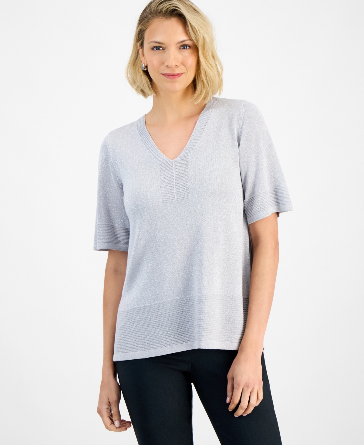 Jm Collection Petite Textured-knit V-neck Short-sleeve Sweater, Exclusively At Macy's In Gray