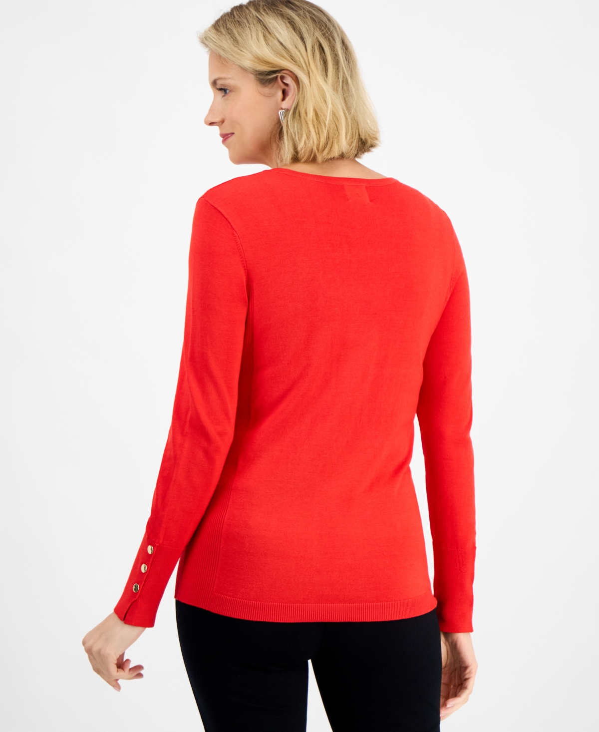 Jm Collection Women's Button-sleeve Crewneck Sweater, Created For Macy's In Red