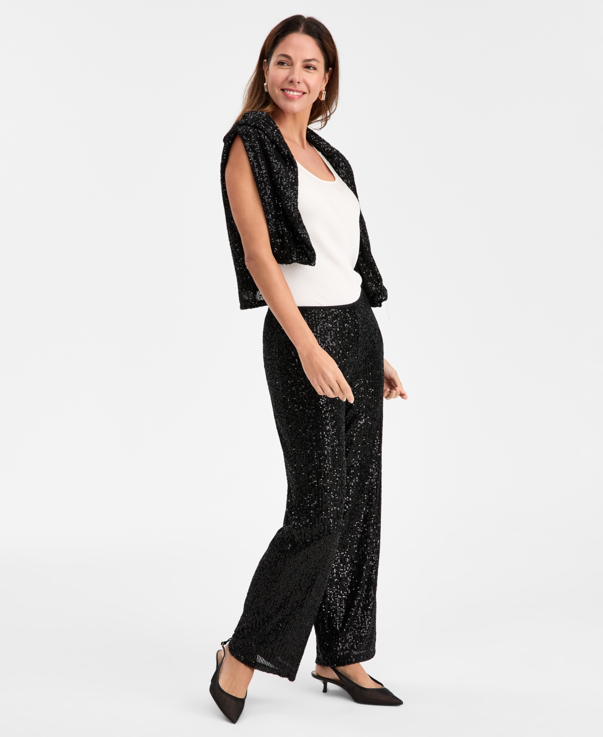 Jm Collection Women's Sequinned Pull-on Pants, Macy's Exclusive In Black