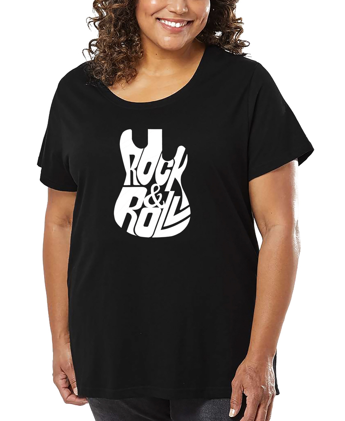 La Pop Art Plus Size Rock And Roll Guitar Word Art T-shirt In Black