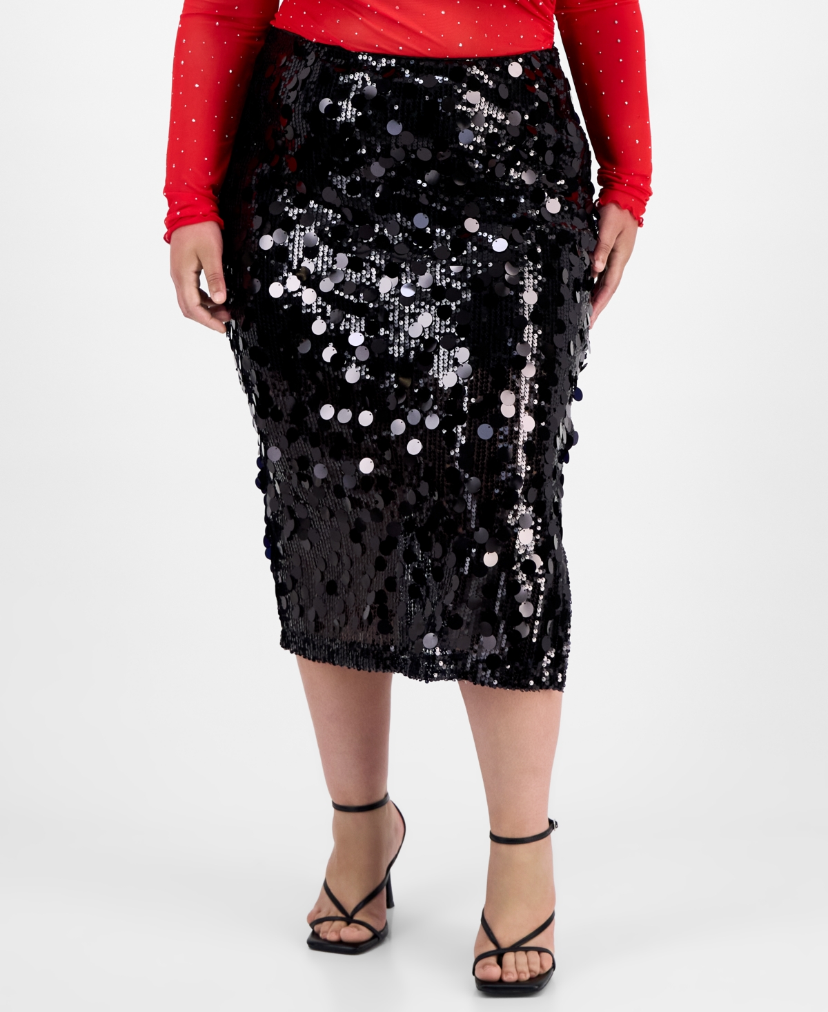 Bar Iii Trendy Plus Sequin Side-slit Midi Skirt In Red