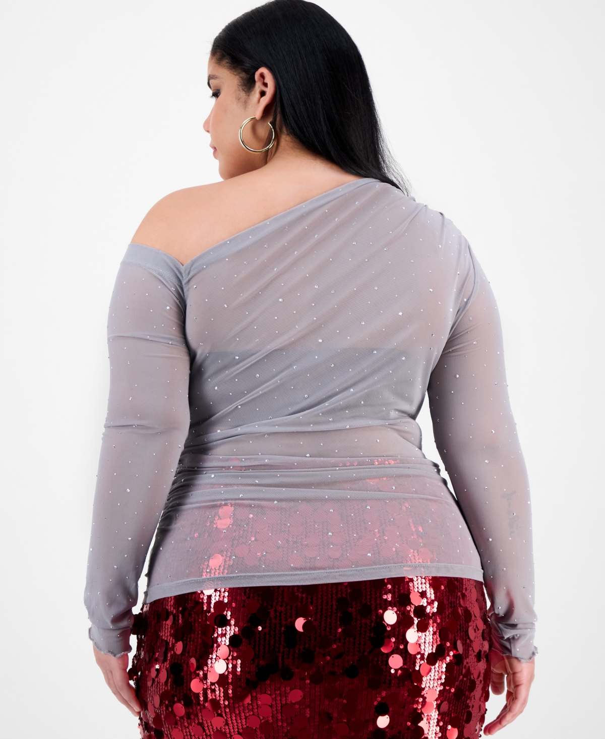 Bar Iii Trendy Plus Embellished Off-Shoulder Mesh Top, Macy's Exclusive