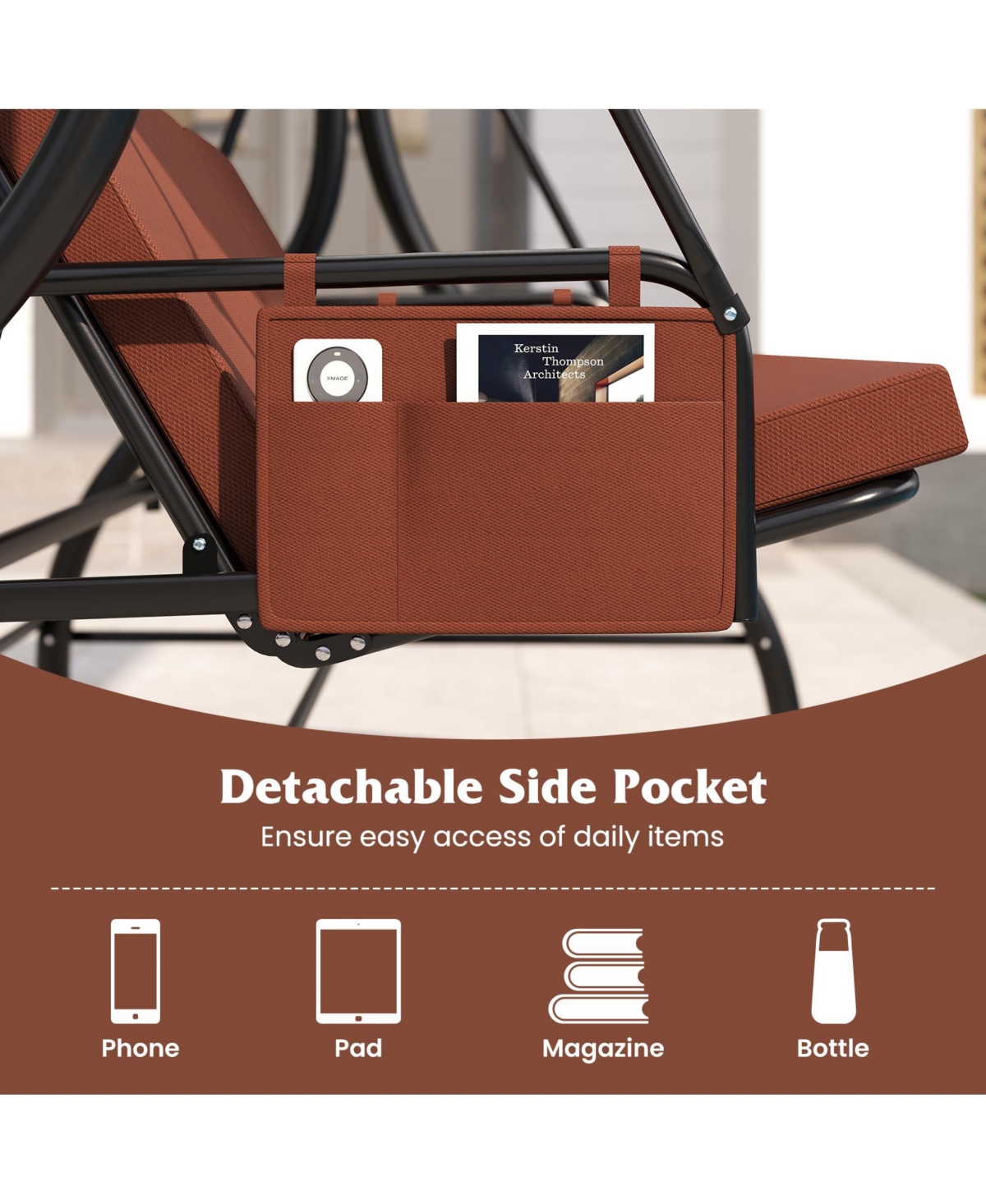 Gymax 3-Seat Patio Swing w/ Canopy & Removable Cushions Side Pockets Stand