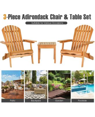 3PCS Eucalyptus Adirondack Chair Set w/ Side Table Outdoor Patio