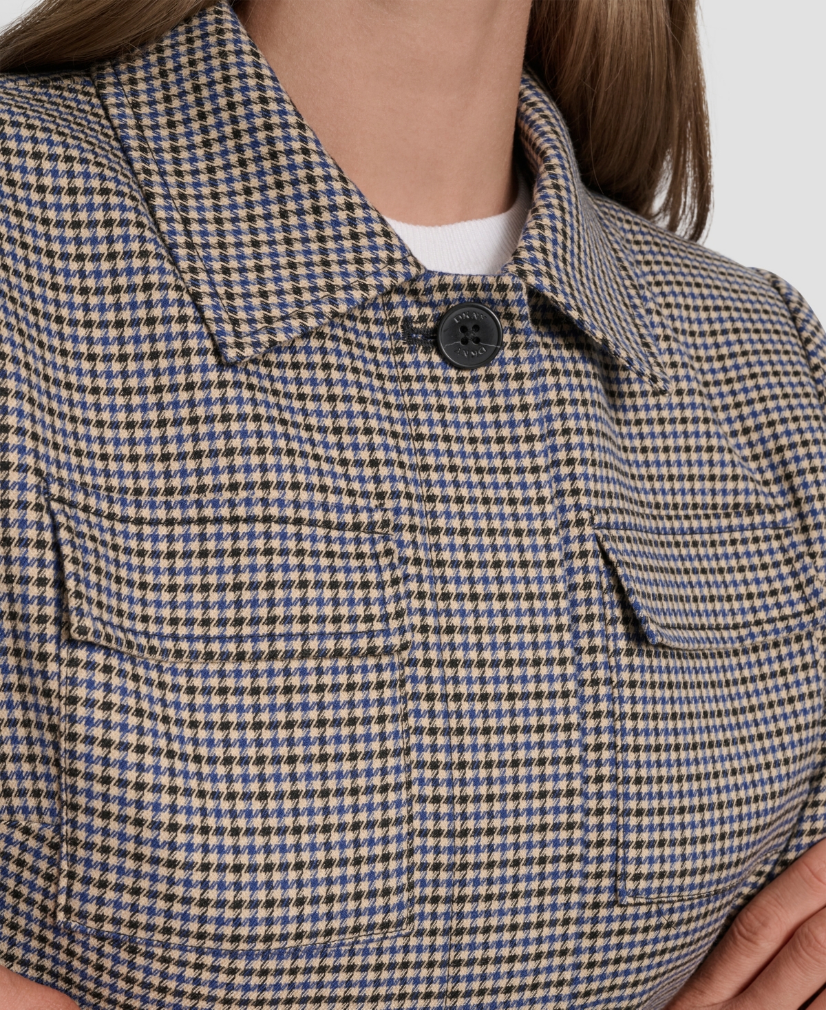 Dkny Petite Houndstooth Long Sleeve Trucker Jacket In Gray