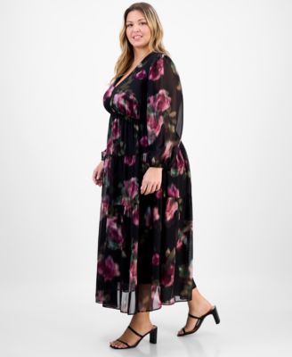 Plus Size V-Neck Printed Chiffon Long-Sleeve Maxi Dress