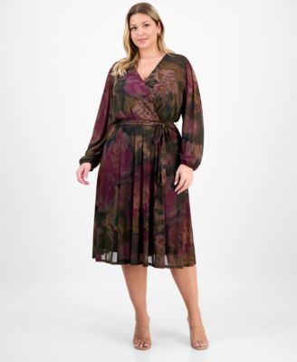 Robbie Bee - Plus Size Long-Sleeve Printed Mesh A-Line Dress