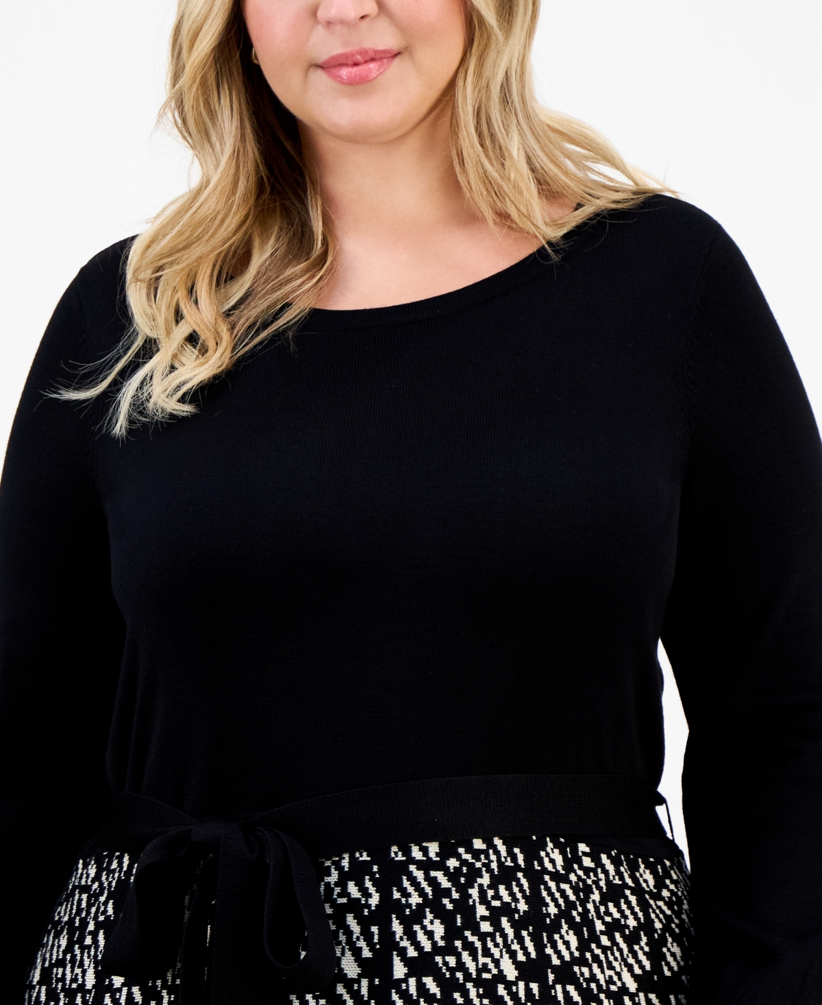 Robbie Bee Plus Size Long-sleeve Combo Skirt Sweater Dress In Black