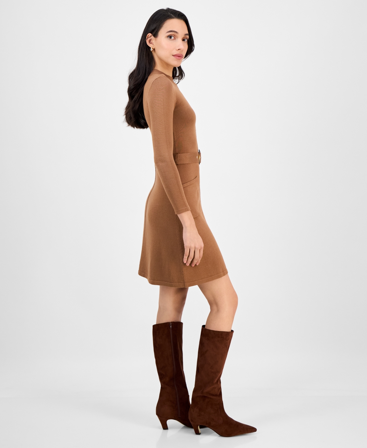 Robbie Bee Petite Belted Mock Neck Sweater Dress In Brown