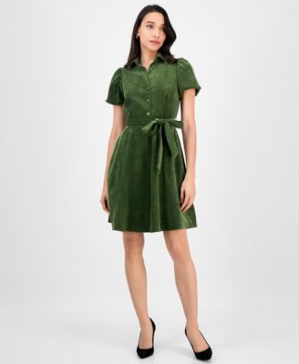 Petite Short-Sleeve Button-Front Corduroy Shirtdress