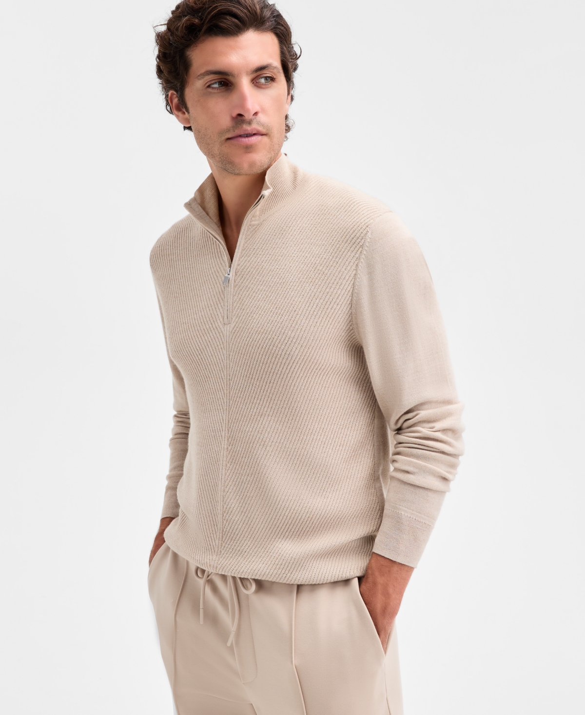 Alfani Men's Long Sleeve Textured Quarter-Zip Sweater, Macy's Exclusive