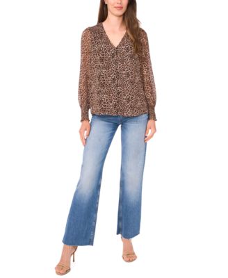 Women's V-Neck Button-Front Smocked-Shoulder Top