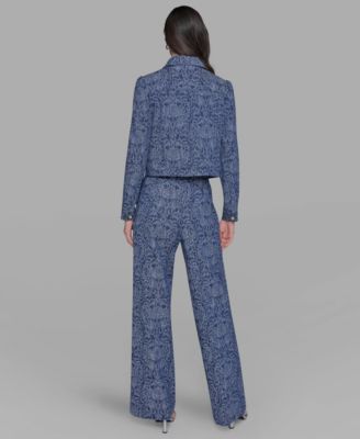Karl Lagerfeld Womens Printed Denim Button Front Jacket Wide Leg Pants In Blue