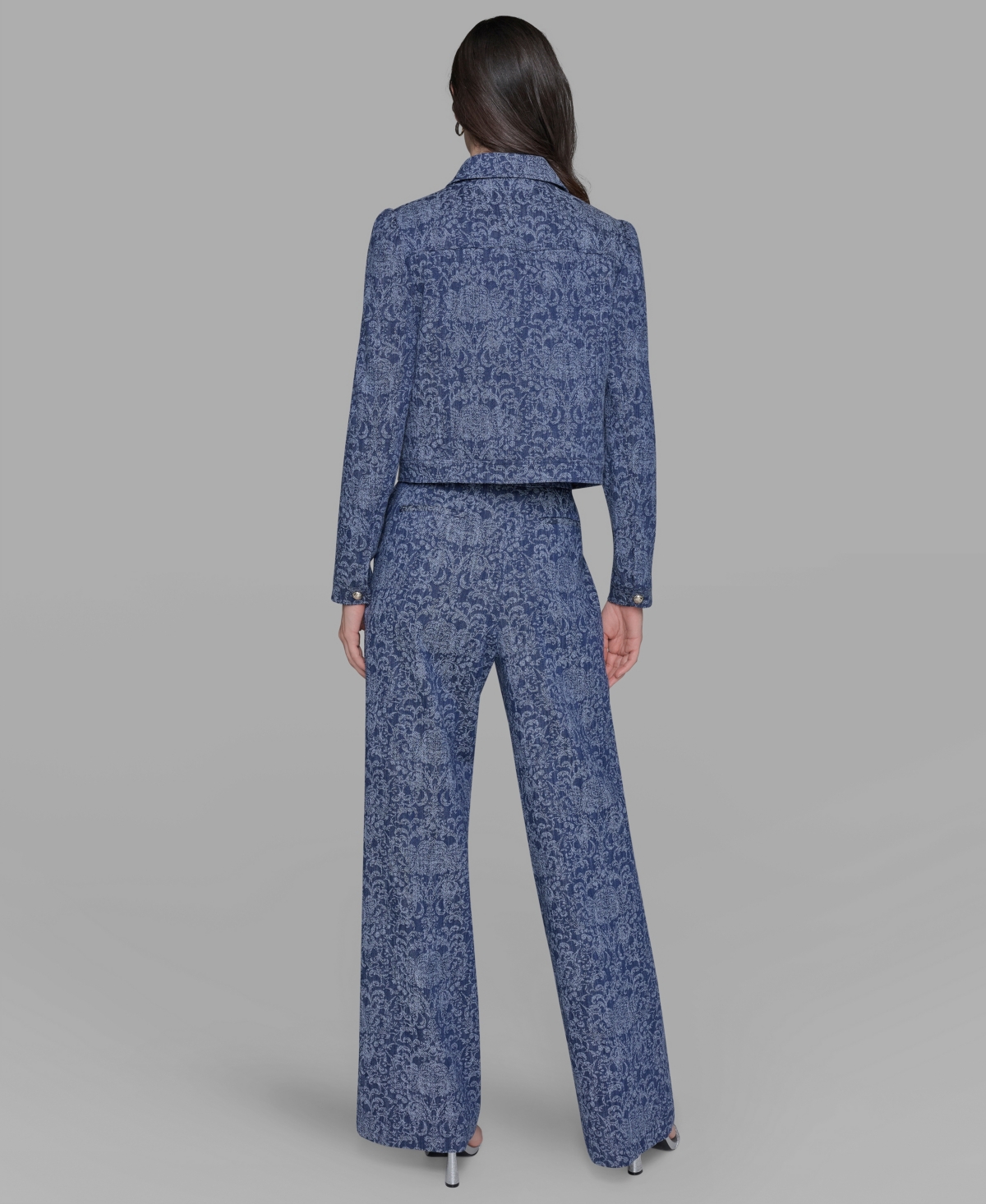 Karl Lagerfeld Womens Printed Denim Button Front Jacket P Xs Xl In Blue