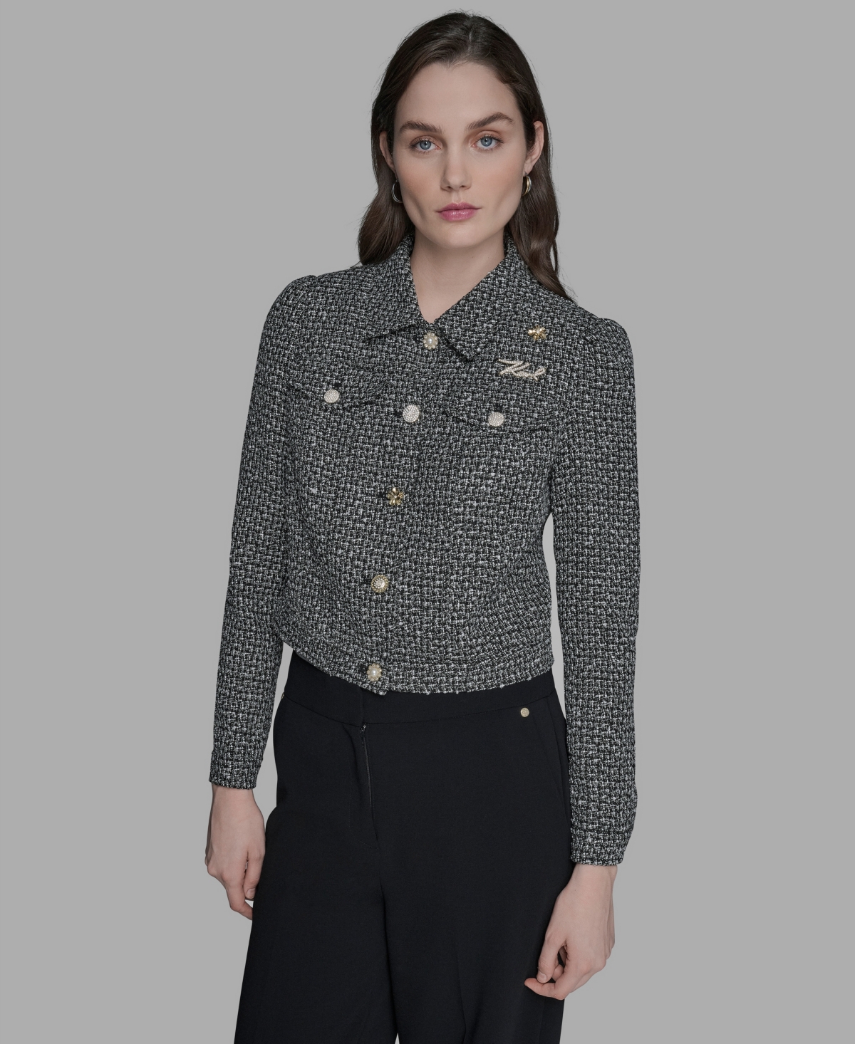 Karl Lagerfeld Women's Tweed Long Sleeve Jacket In Multi
