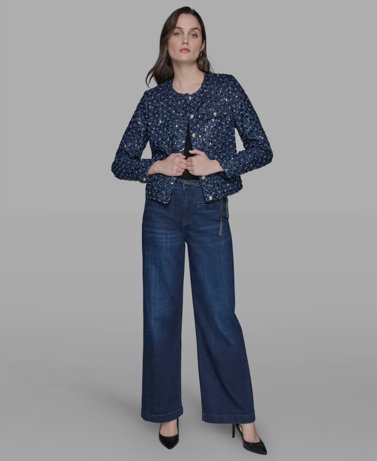 Karl Lagerfeld Collarless Sequin Jacket In Blue