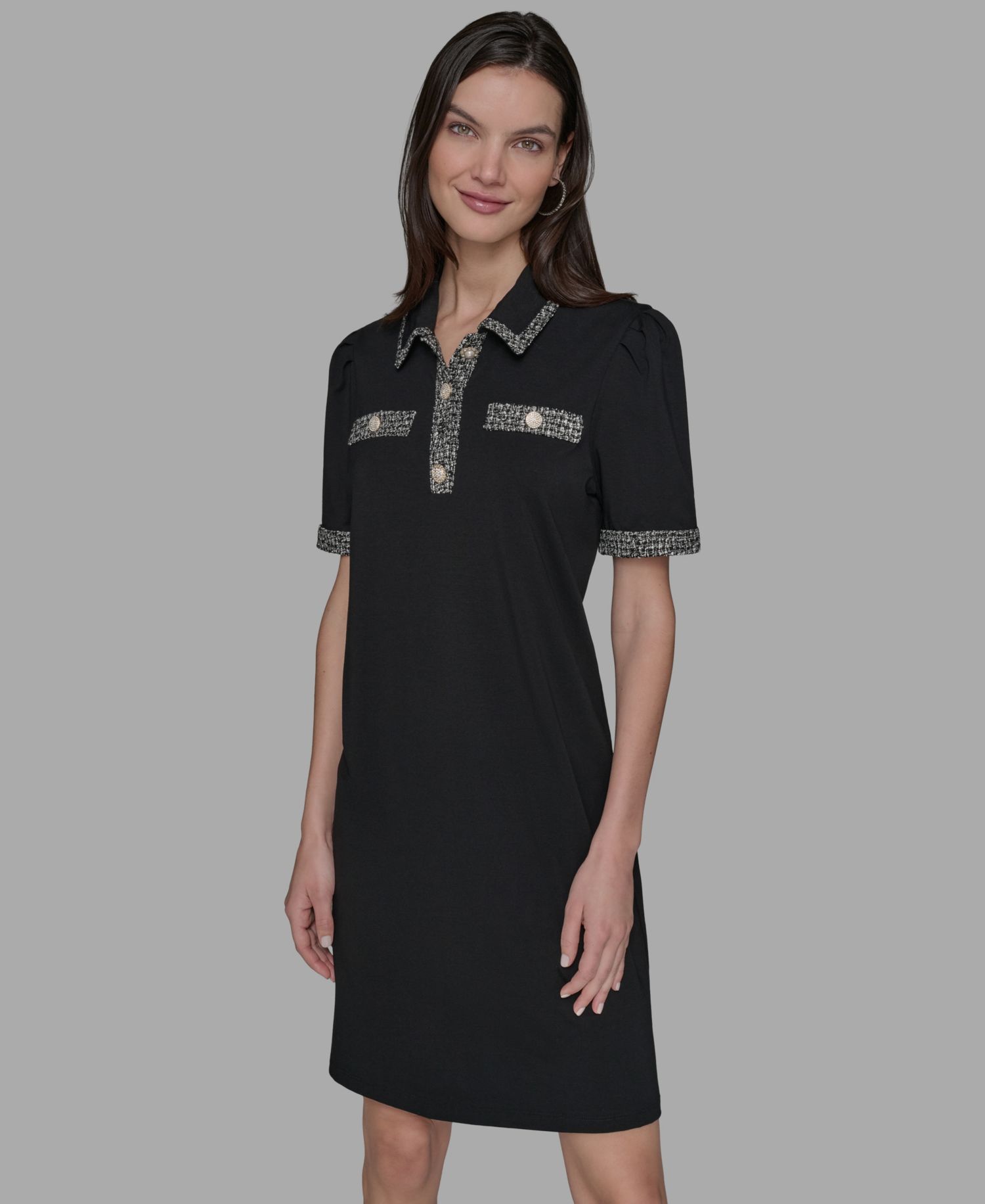 Women's Tweed-Trim Button-Front Dress