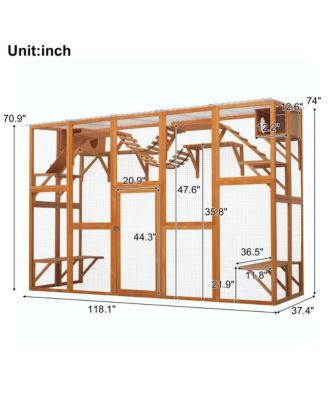 118 in. Outdoor Wooden Cat house Cat shelves with Window Box in Natural
