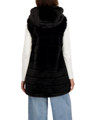 Women's Hooded Grooved 3/4 Faux Fur Vest