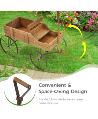 Garden Plant Planter Wooden Wagon Planter W/ Wheel Garden Yard
