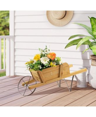 Wooden Wagon Planter Decorative Indoor/ Outdoor Rustic Flower Cart w/ Wheel