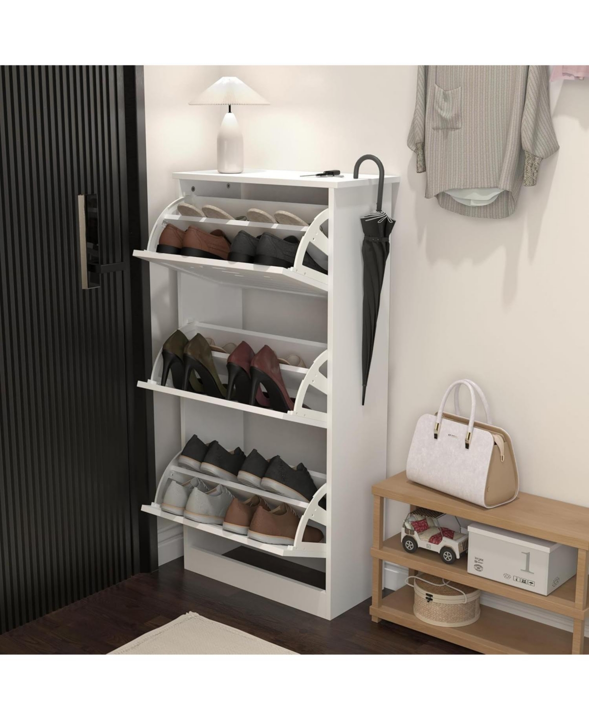 Vanirror Modern 3 Flip Drawers Shoe Cabinet - 3-Tier Wooden White Freestanding Narrow Entryway Hidden Shoe Organizer