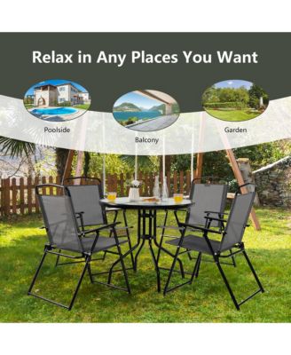 6PCS Patio Garden Dining Set w/ Round Table & 4 Folding Chairs &  Umbrella