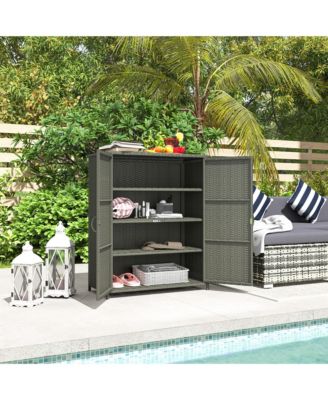Wicker Outdoor Storage Cabinet with Shelves, 2 Doors, Dark